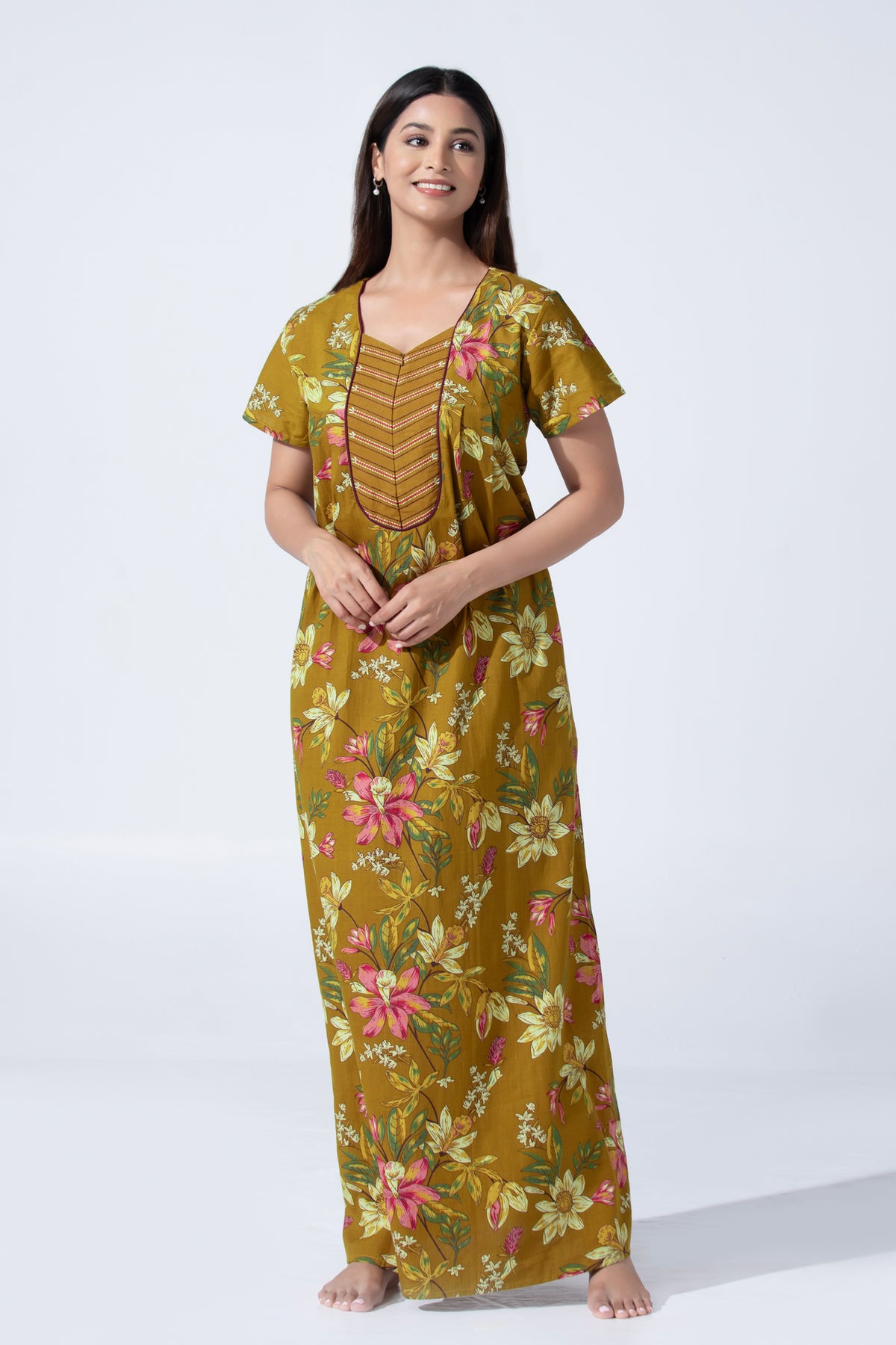 Mustard Floral Printed Nightwear With Embroidered Yoke
