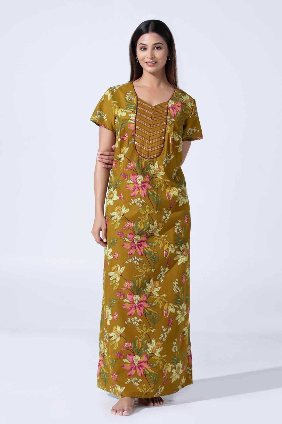 Mustard Floral Printed Nightwear With Embroidered Yoke