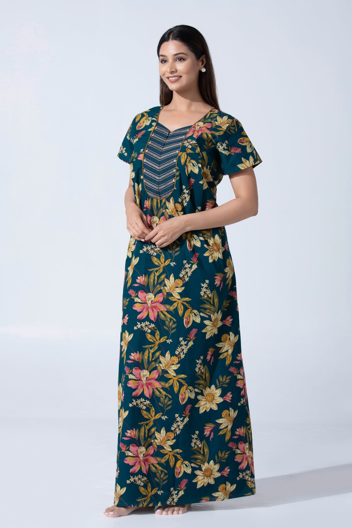 Blue Floral Printed Nightwear With Embroidered Yoke