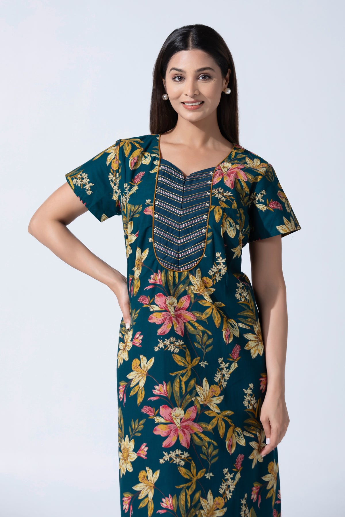 Blue Floral Printed Nightwear With Embroidered Yoke