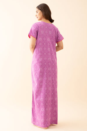 Bandhani Printed Nighty with Contrast Embroidered Yoke Purple