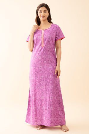 Bandhani Printed Nighty with Contrast Embroidered Yoke Purple
