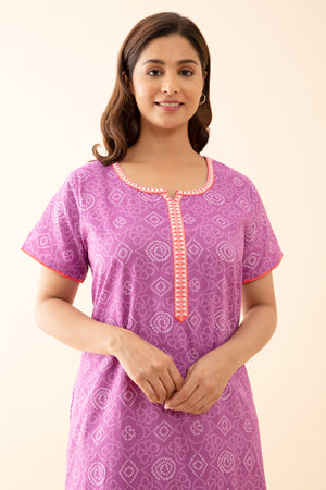 Bandhani Printed Nighty with Contrast Embroidered Yoke Purple
