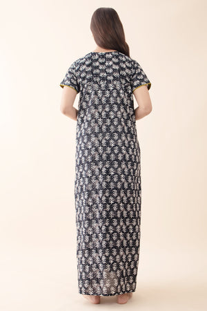 Printed Cotton Black Nighty with Embroidered Neckline