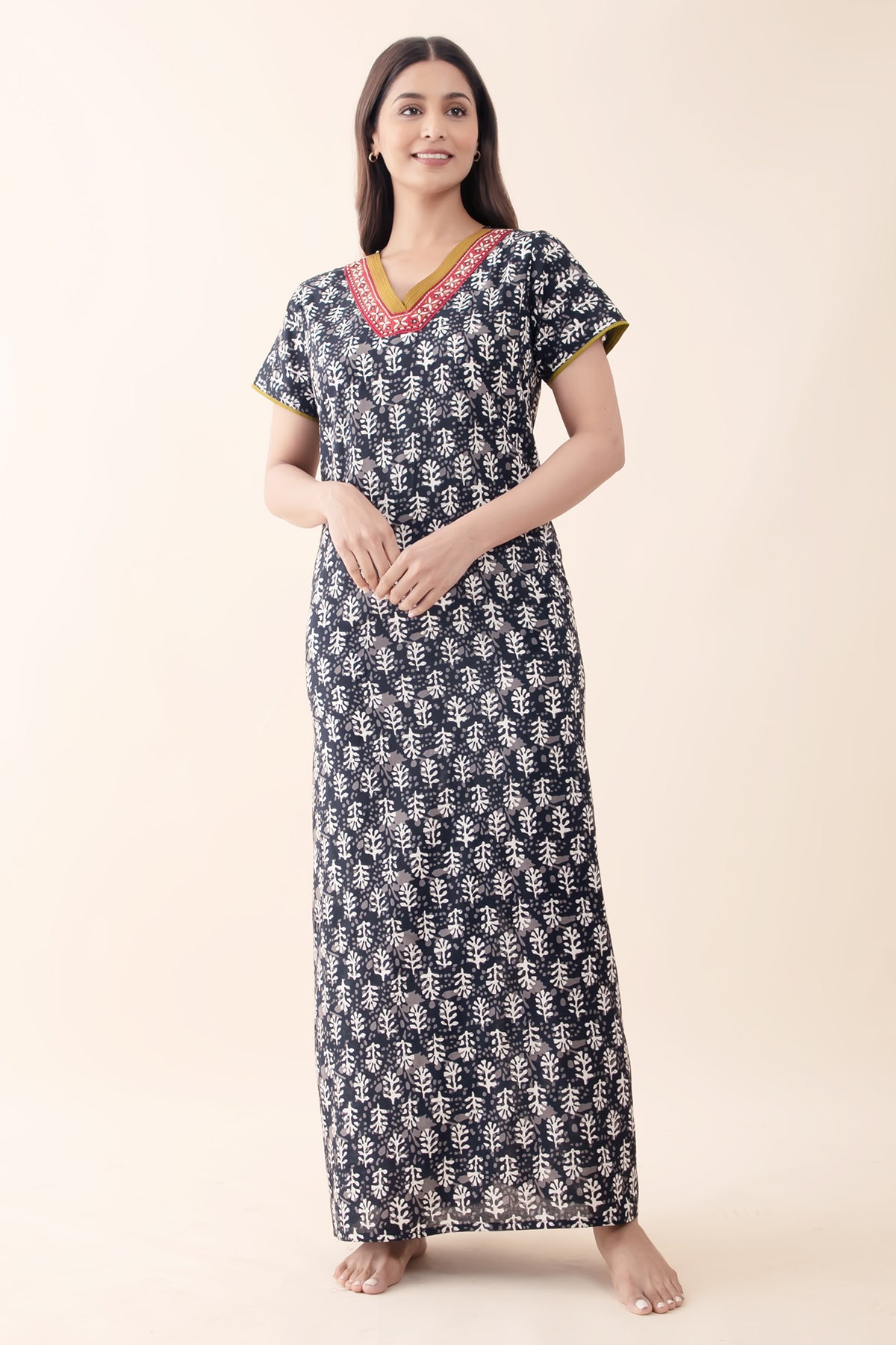 Printed Cotton Black Nighty with Embroidered Neckline