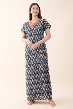 Printed Cotton Black Nighty with Embroidered Neckline