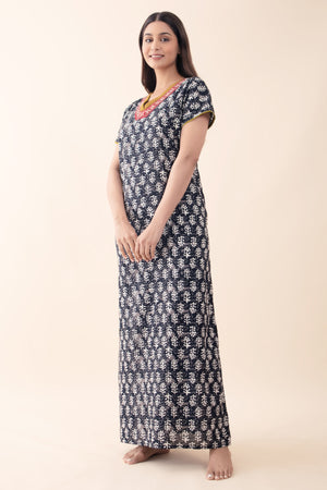 Printed Cotton Black Nighty with Embroidered Neckline