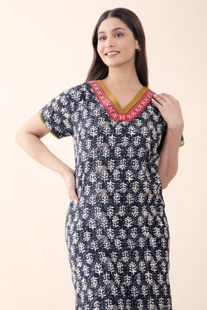 Printed Cotton Black Nighty with Embroidered Neckline
