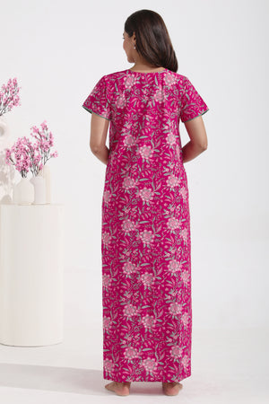 Floral Printed Pink Cotton Nighty with Pin Tucks