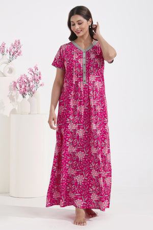 Floral Printed Pink Cotton Nighty with Pin Tucks