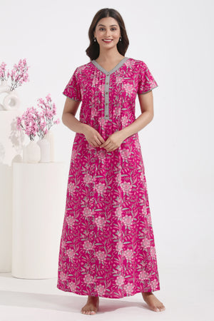 Floral Printed Pink Cotton Nighty with Pin Tucks