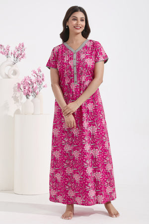 Floral Printed Pink Cotton Nighty with Pin Tucks