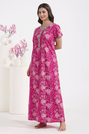 Floral Printed Pink Cotton Nighty with Pin Tucks