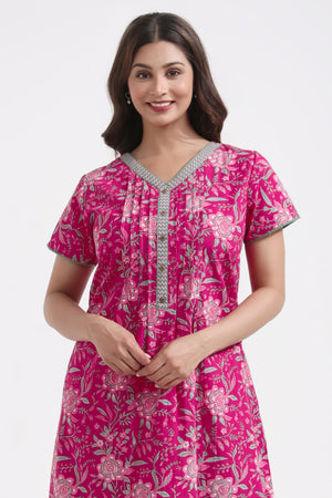 Floral Printed Pink Cotton Nighty with Pin Tucks