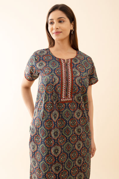 Floral Printed Nighty with Contrast Embroidered Yoke Navy