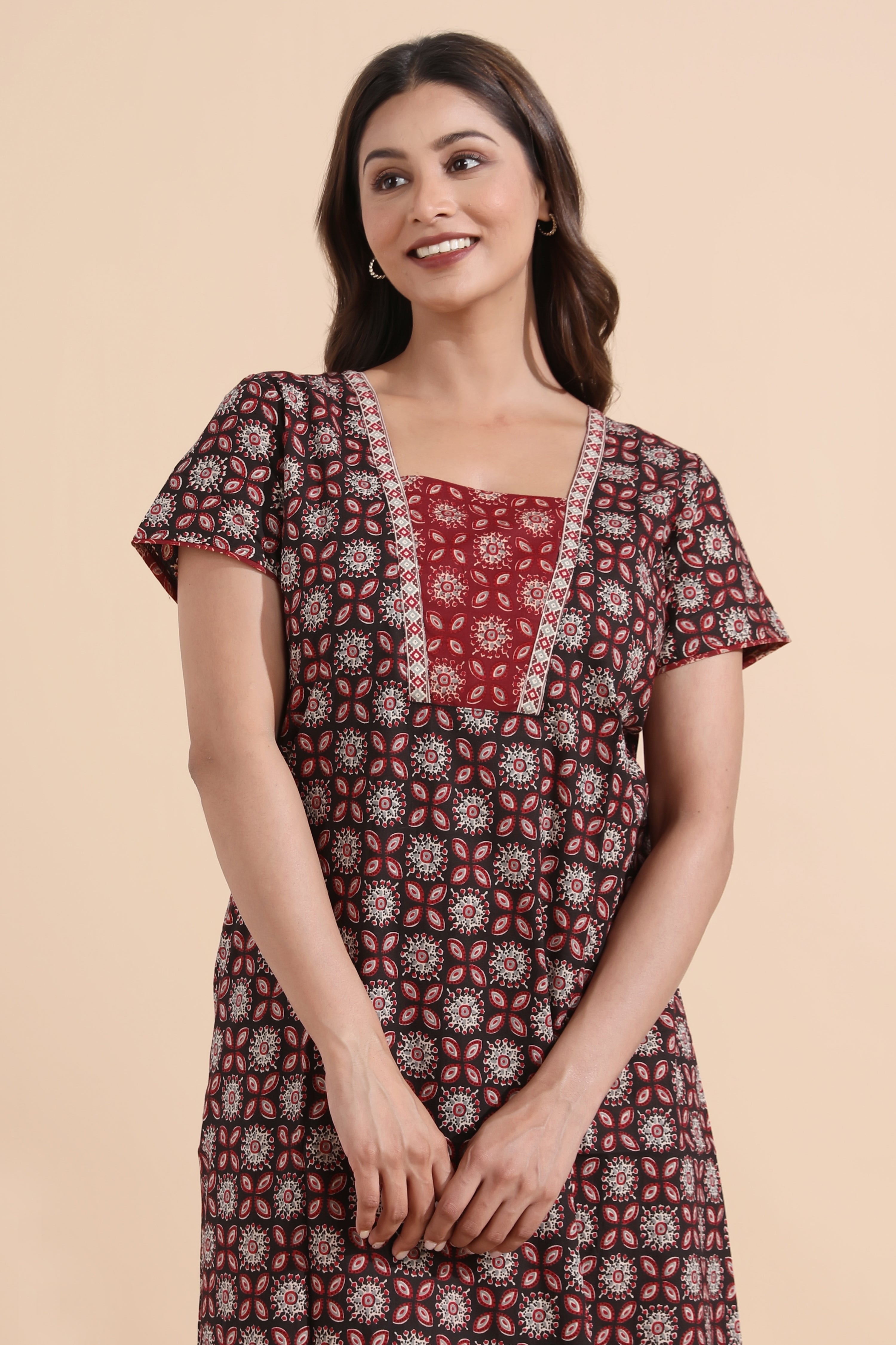 Ajrakh Printed Cotton Black Nighty