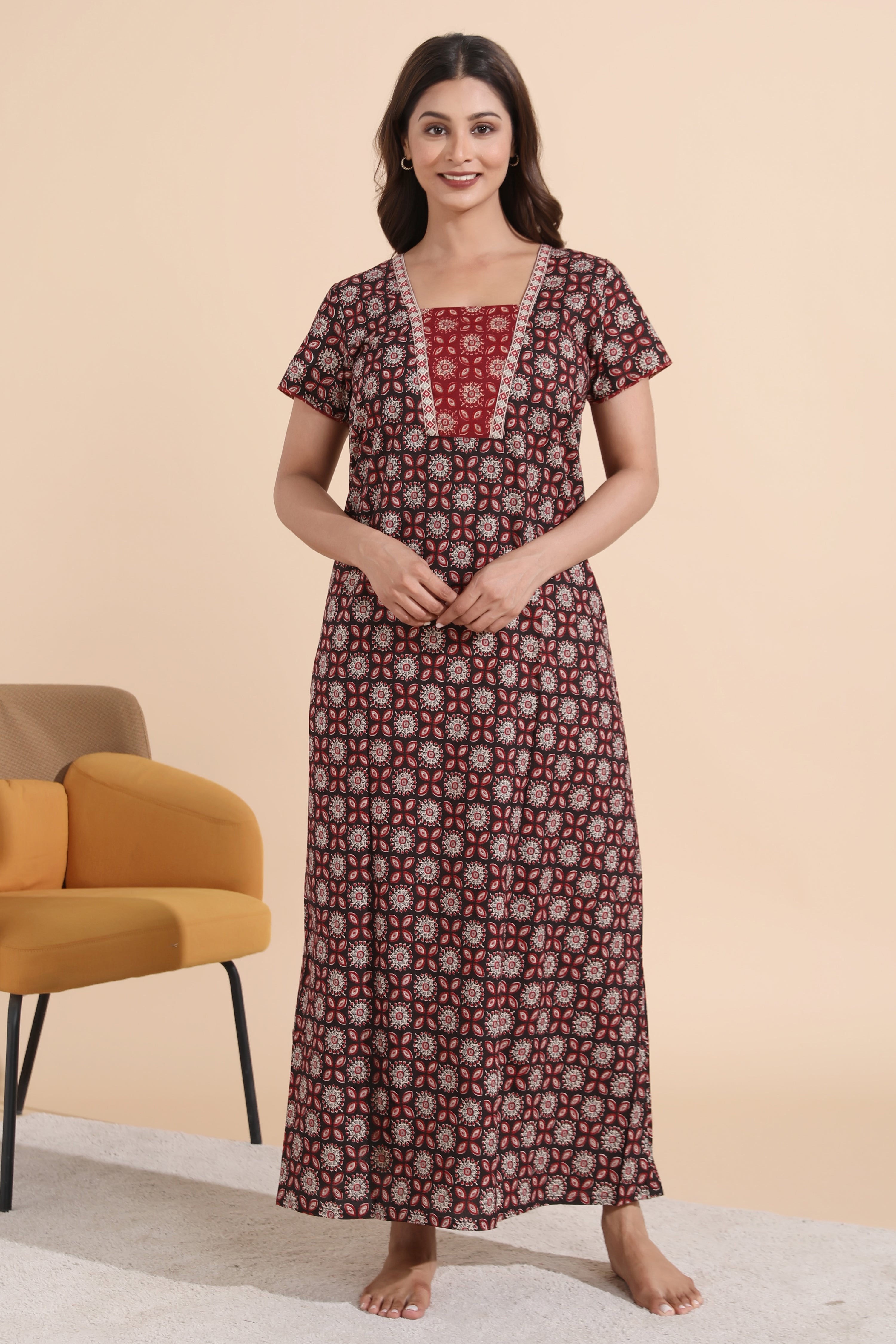 Ajrakh Printed Cotton Black Nighty