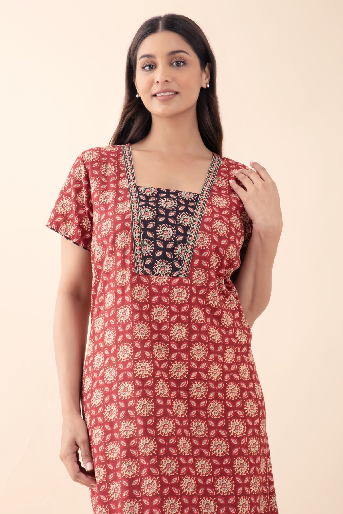 Ajrakh Printed Cotton Maroon Nighty