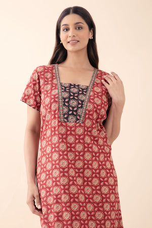 Ajrakh Printed Cotton Maroon Nighty