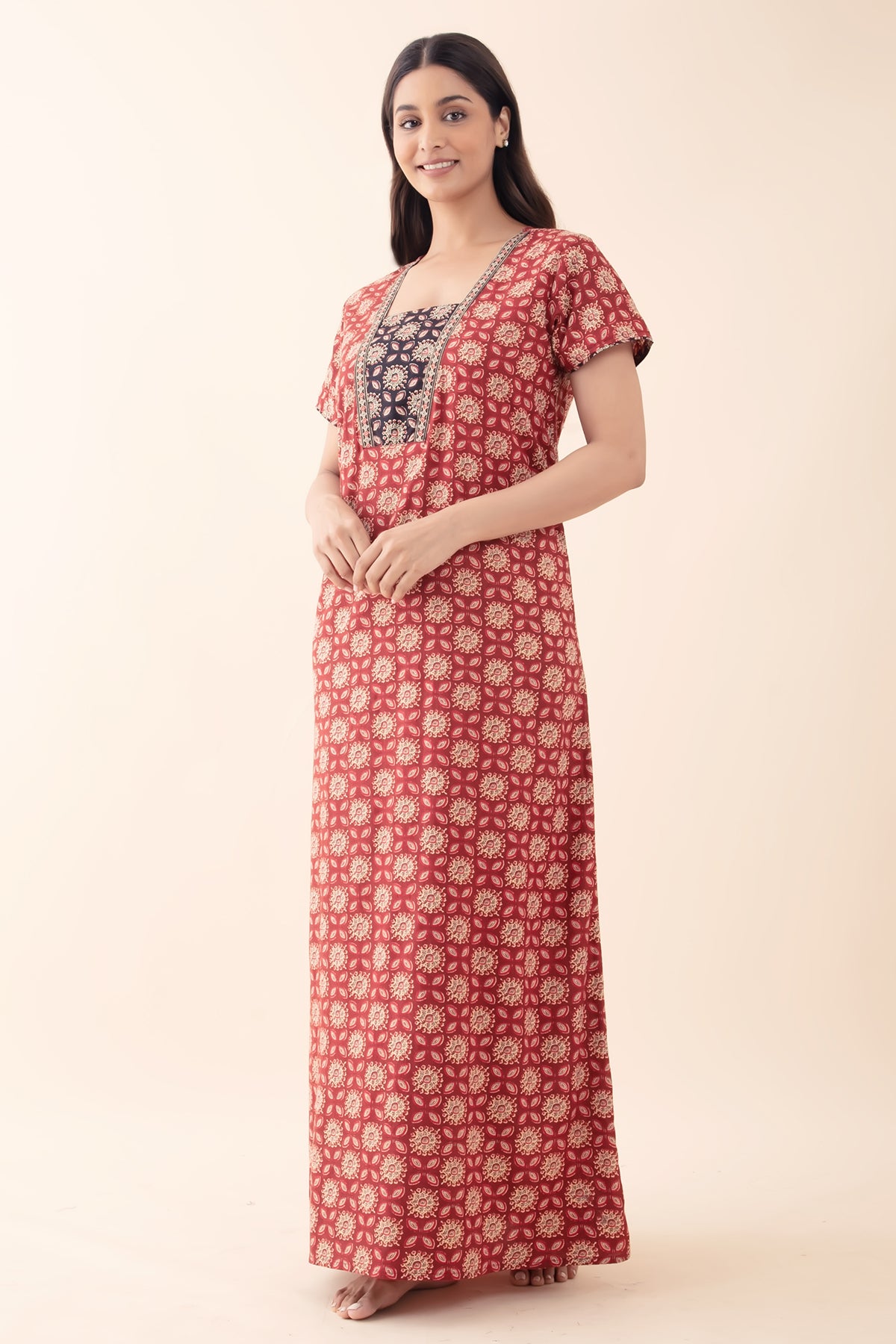 Ajrakh Printed Cotton Maroon Nighty
