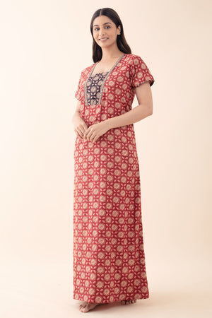 Ajrakh Printed Cotton Maroon Nighty