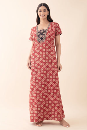 Ajrakh Printed Cotton Maroon Nighty