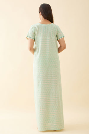 Geometric Printed Nighty with Floral Printed Yoke and Golden Foil Prints Green