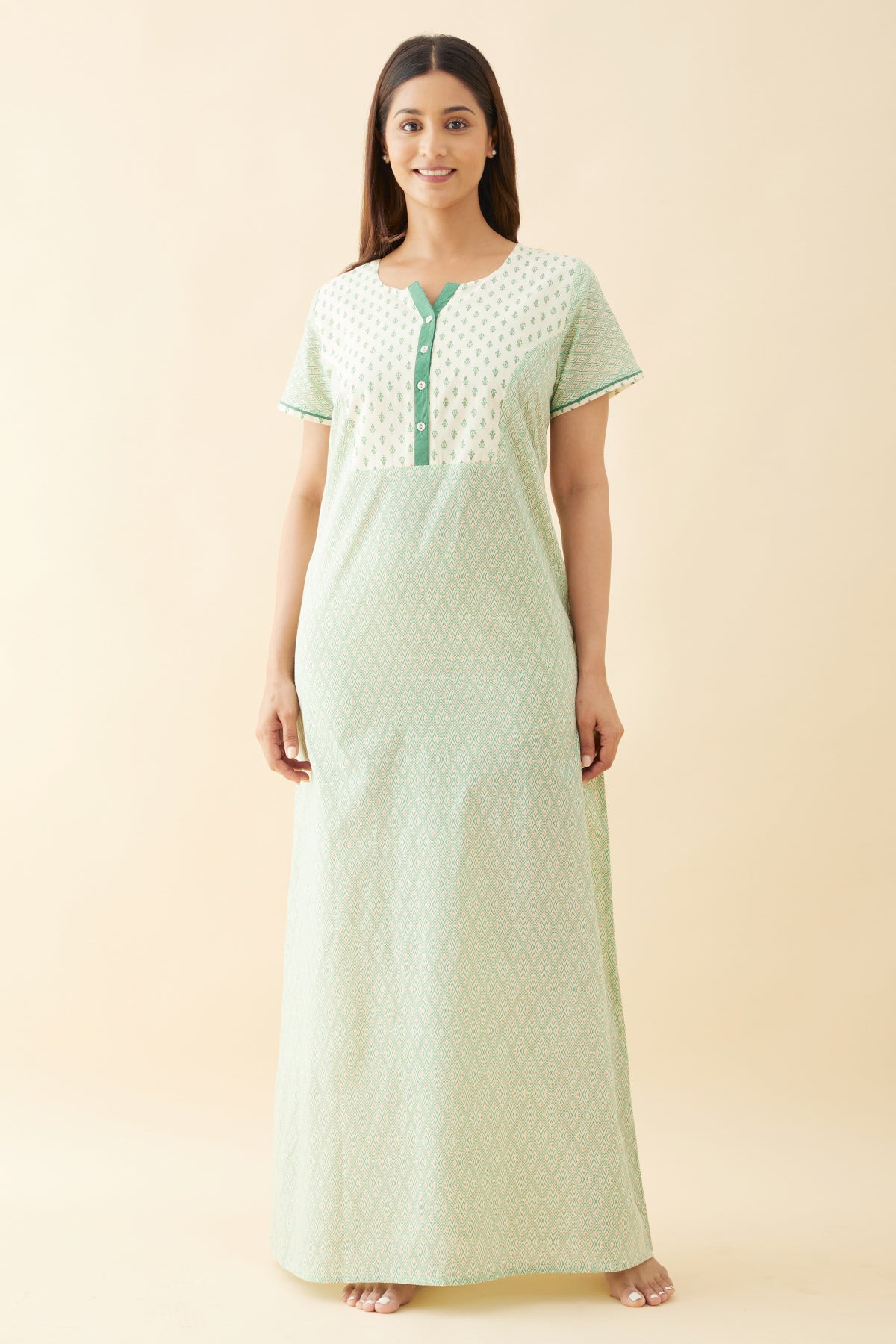 Geometric Printed Nighty with Floral Printed Yoke and Golden Foil Prints Green