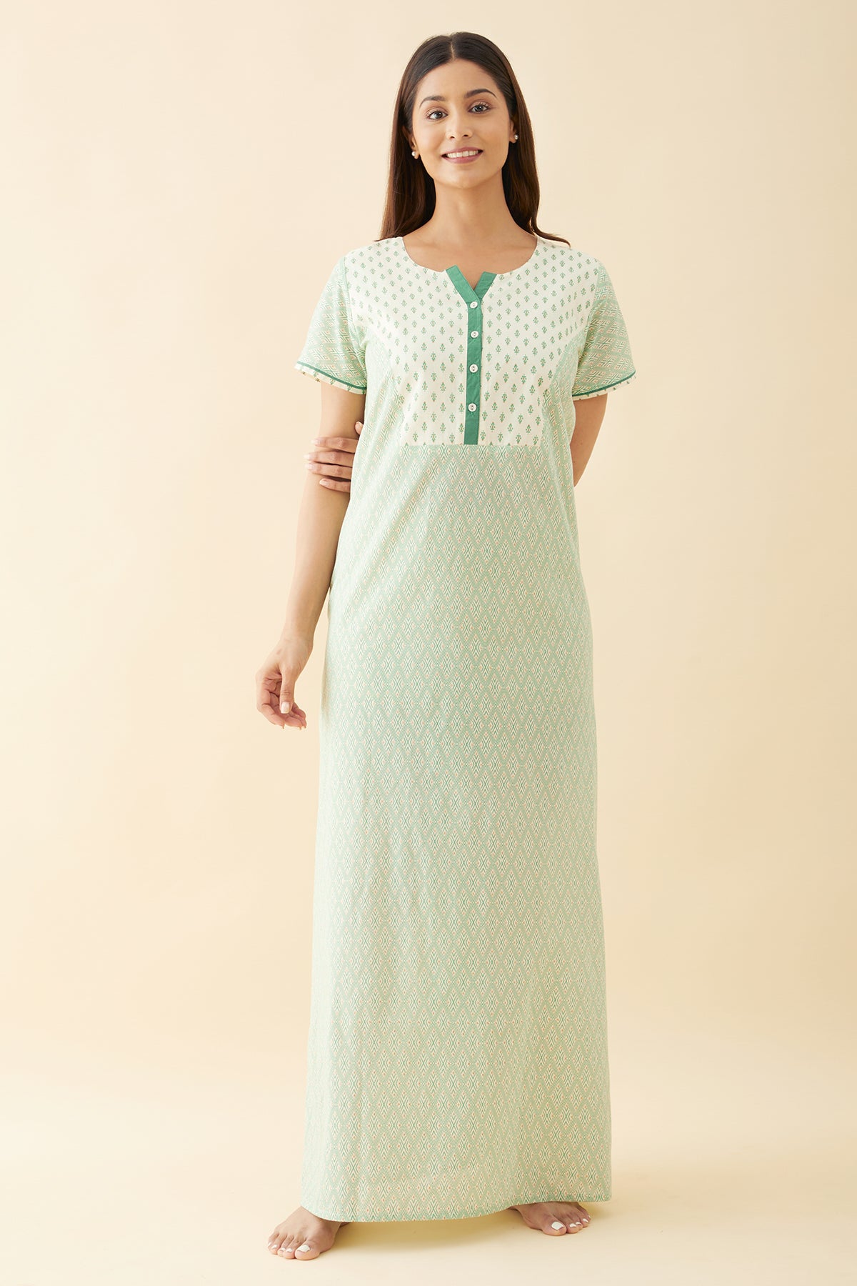 Geometric Printed Nighty with Floral Printed Yoke and Golden Foil Prints Green