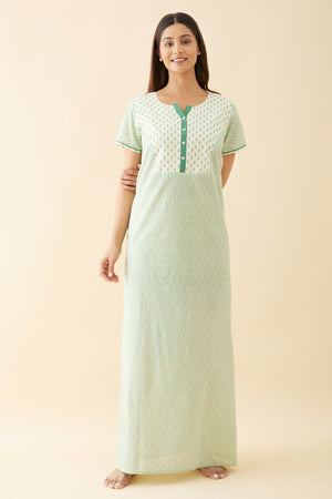 Geometric Printed Nighty with Floral Printed Yoke and Golden Foil Prints Green