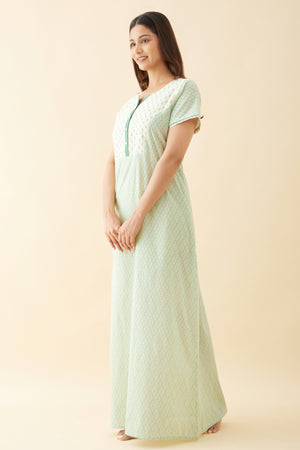 Geometric Printed Nighty with Floral Printed Yoke and Golden Foil Prints Green