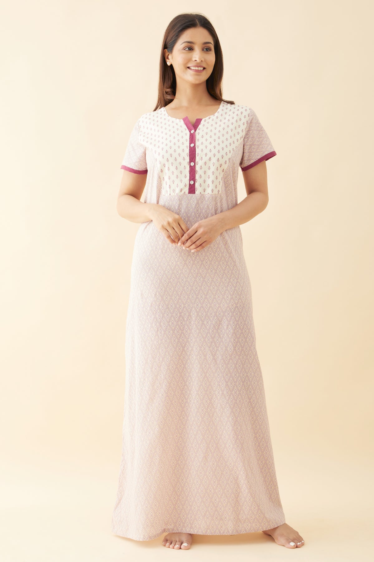 Geometric Printed Nighty with Floral Printed Yoke and Golden Foil Prints Purple