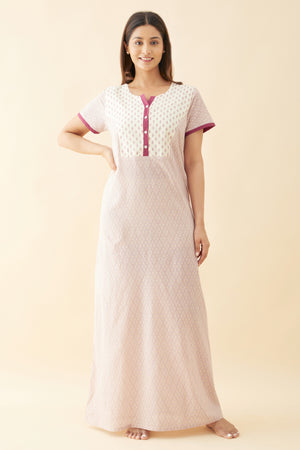 Geometric Printed Nighty with Floral Printed Yoke and Golden Foil Prints Purple