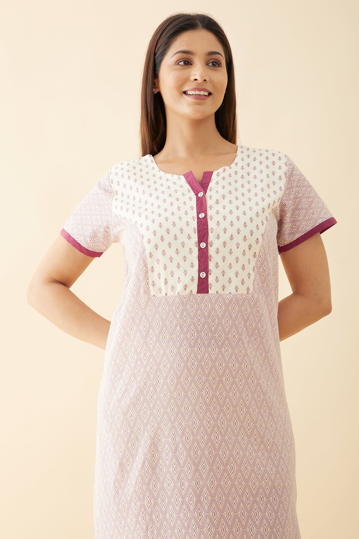 Geometric Printed Nighty with Floral Printed Yoke and Golden Foil Prints Purple