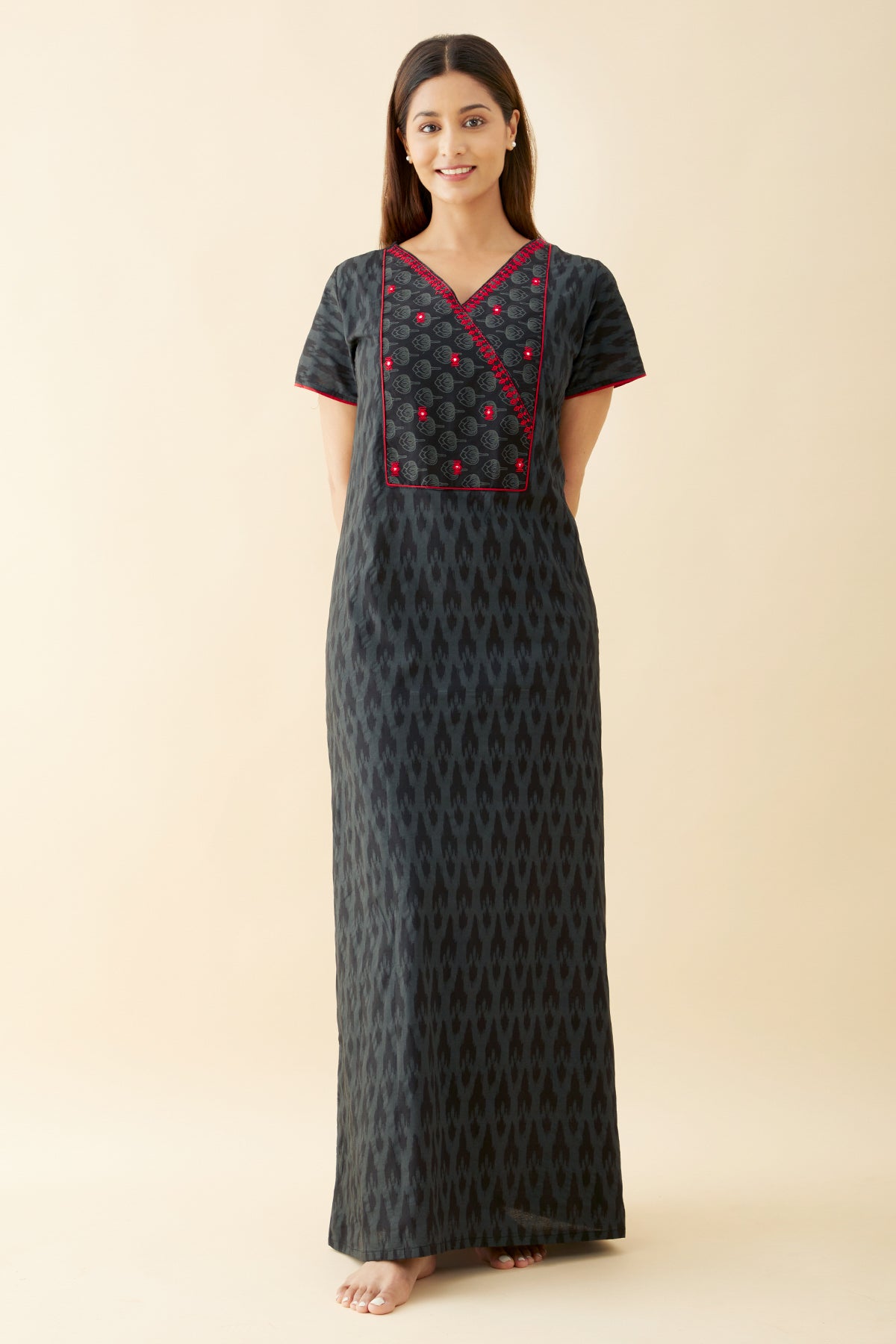 Ikkat Printed Nighty with Foil Mirror Embellishments - Black