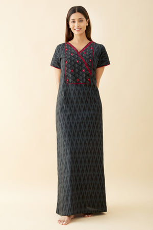 Ikkat Printed Nighty with Foil Mirror Embellishments - Black