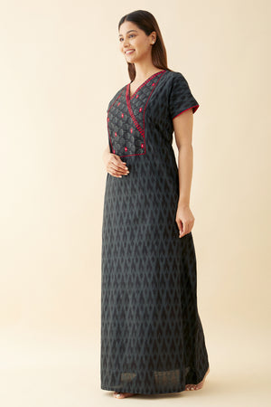 Ikkat Printed Nighty with Foil Mirror Embellishments - Black