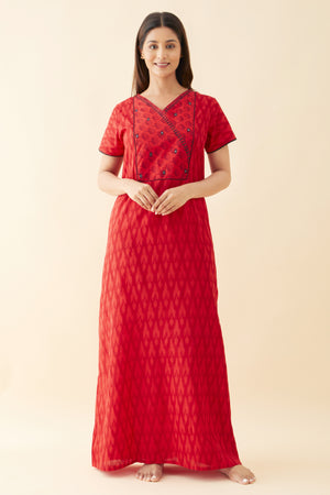 Ikkat Printed Nighty Foil Mirror Embellishment - Red