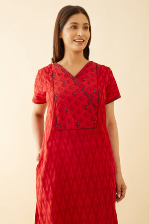 Ikkat Printed Nighty Foil Mirror Embellishment - Red
