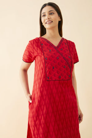 Ikkat Printed Nighty with Floral Printed yoke with Foil Mirror Embellishment Red