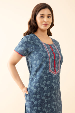 All Over Monochromatic Floral Printed Nighty with Embroidered Yoke Blue