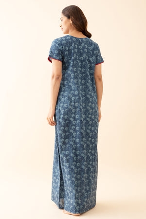 All Over Monochromatic Floral Printed Nighty with Embroidered Yoke Blue