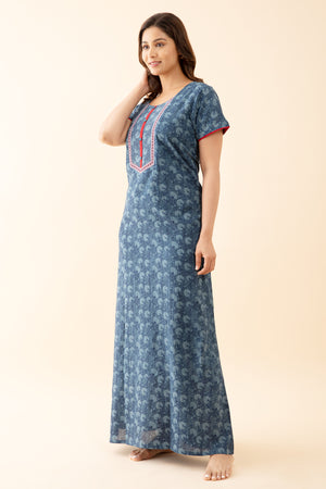 All Over Monochromatic Floral Printed Nighty with Embroidered Yoke Blue