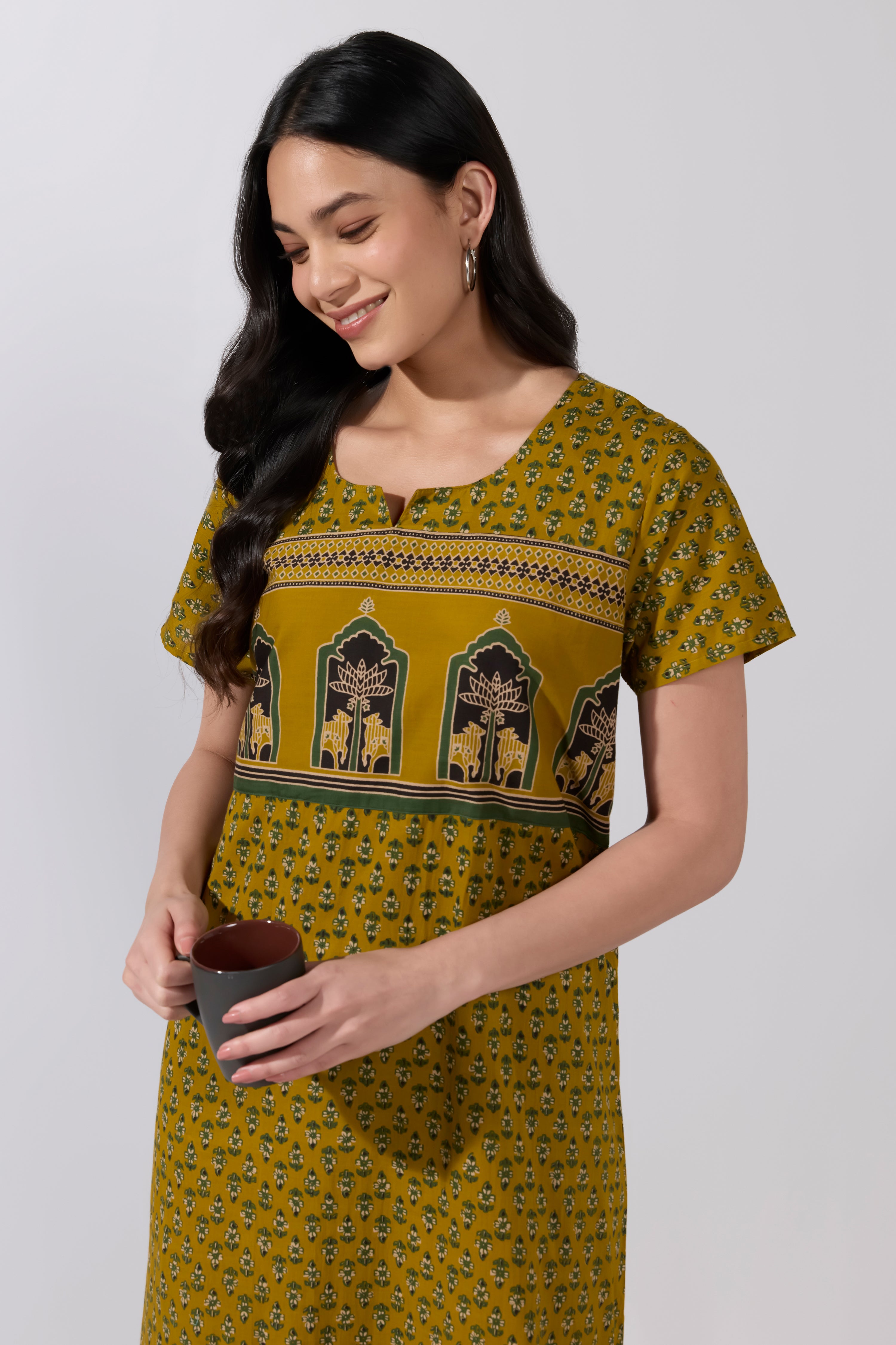 Green Floral Cotton Nighty with Pichwai Yoke