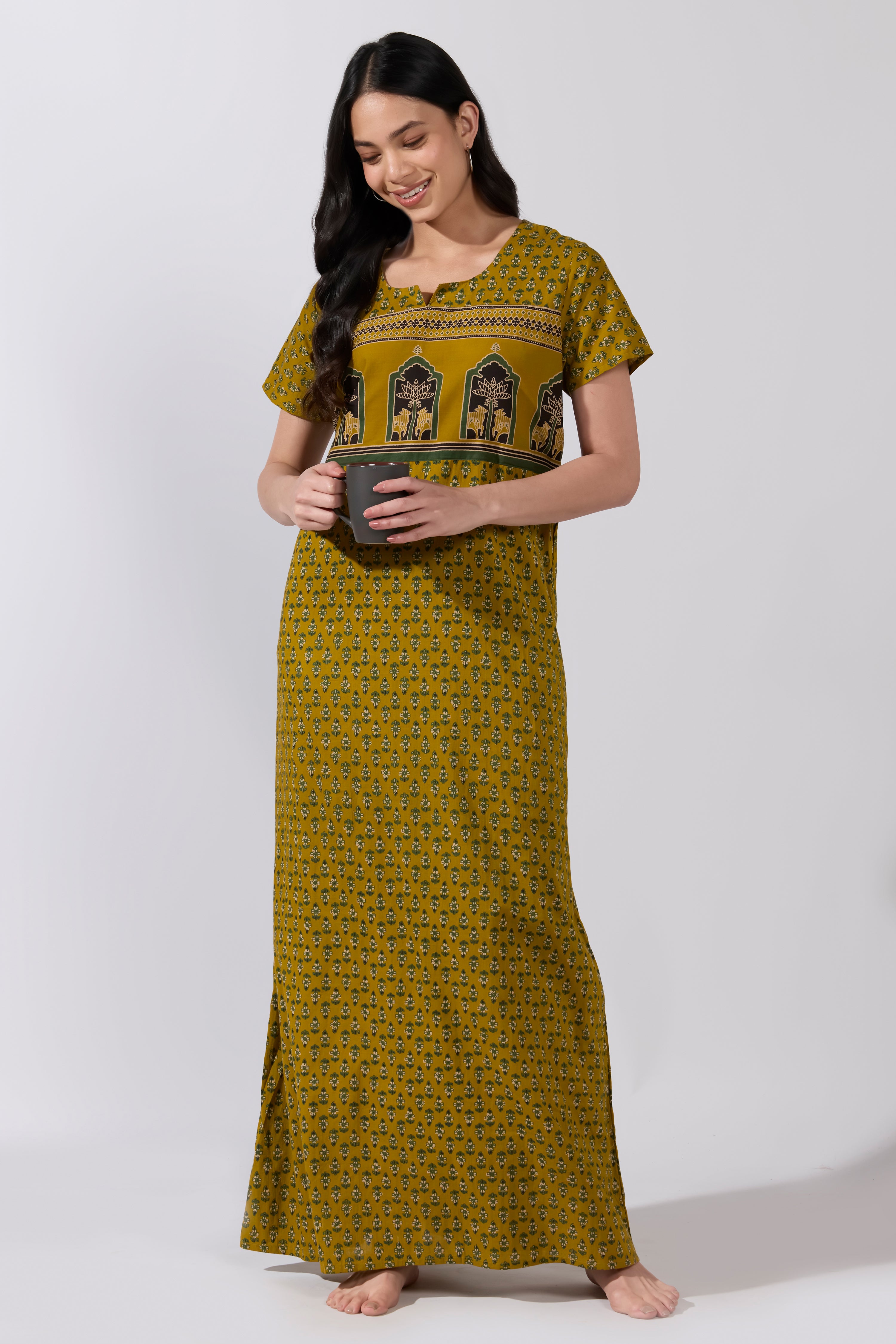 Green Floral Cotton Nighty with Pichwai Yoke
