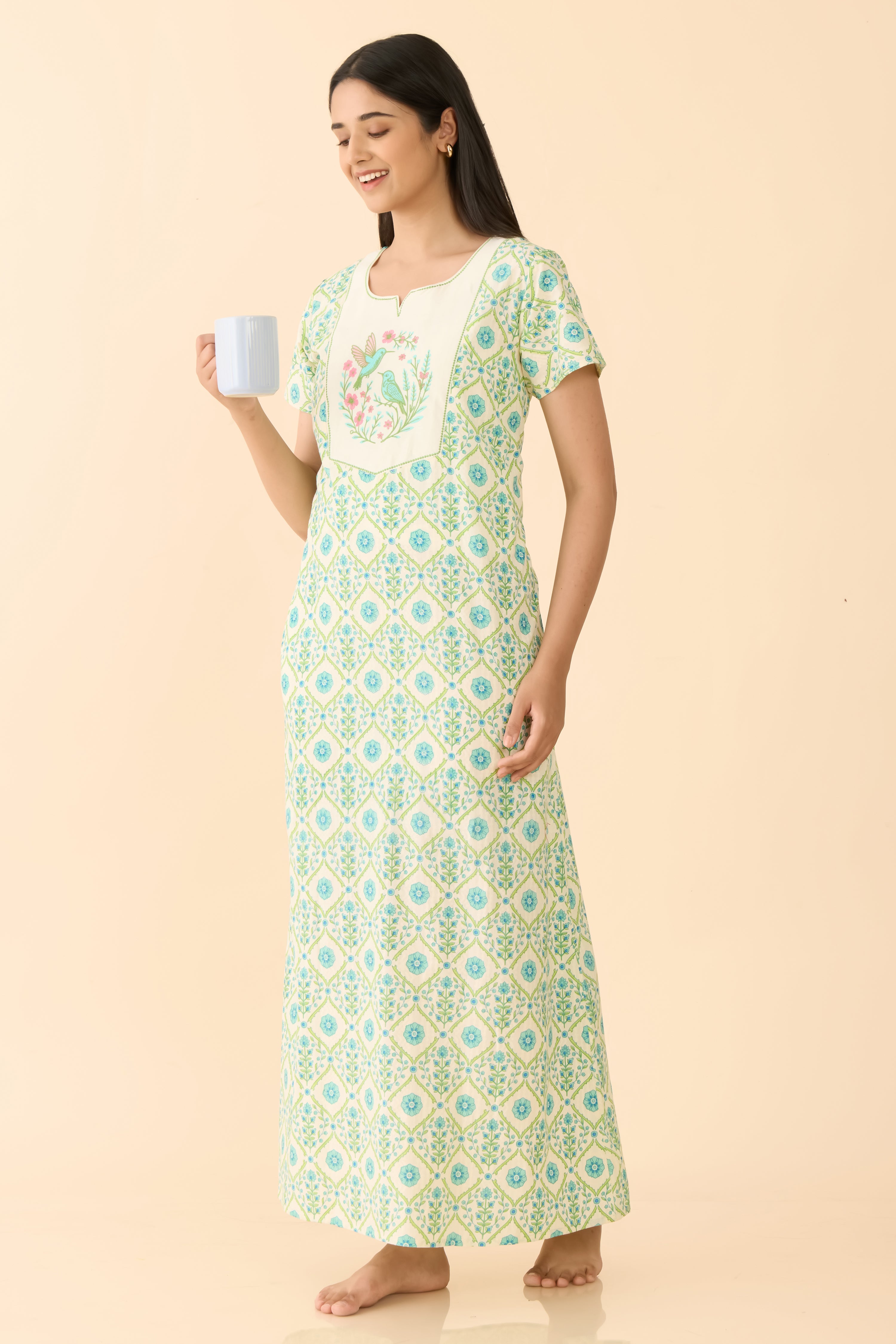 Floral Printed & Bird Embroidered Turquoise Cotton Nighty
