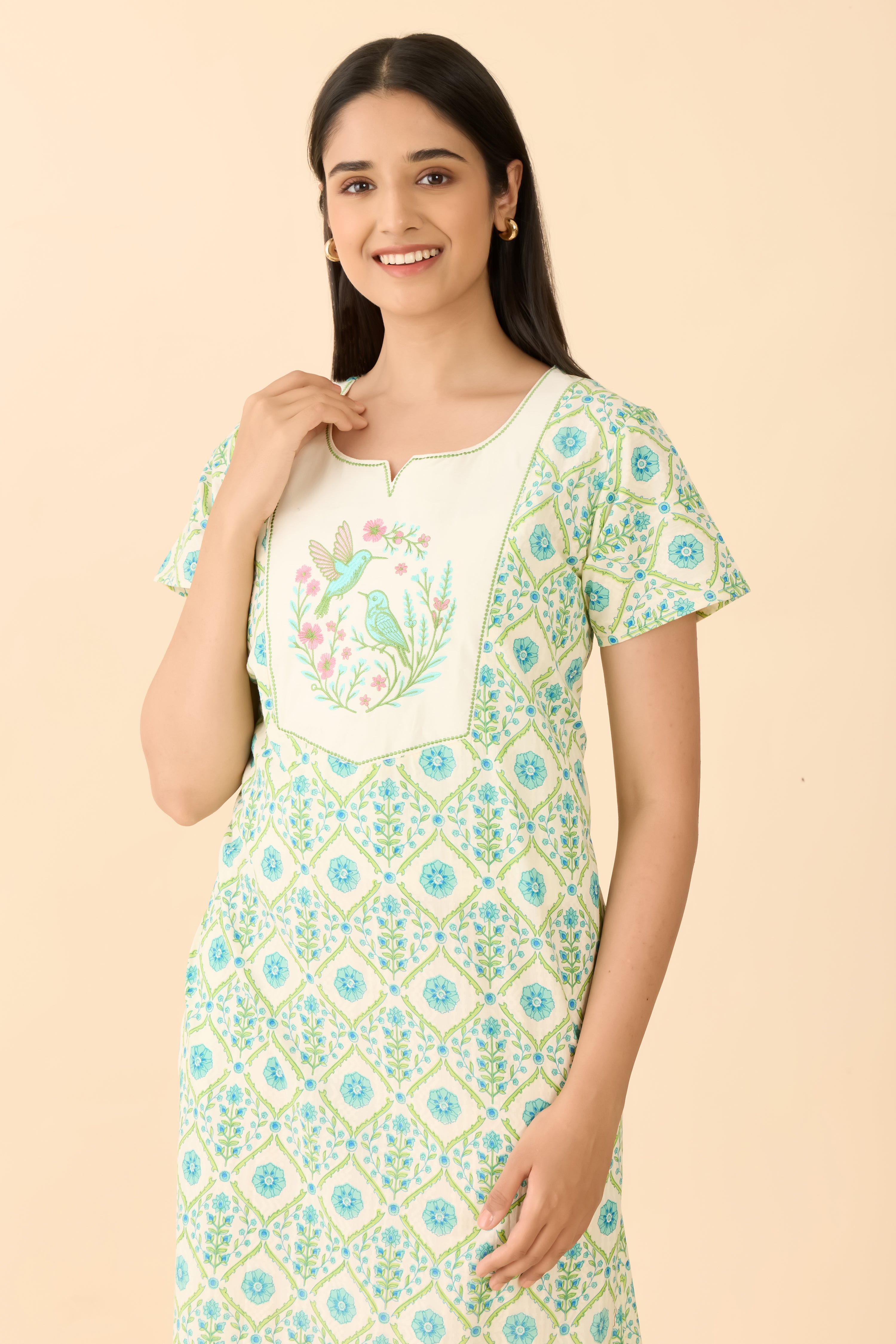 Floral Printed & Bird Embroidered Turquoise Cotton Nighty