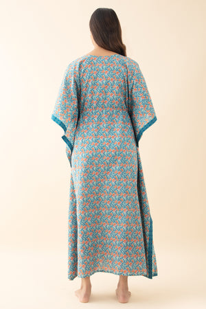 Floral Printed Kaftan with Waist tie-up - Blue