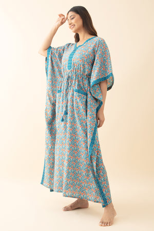 Floral Printed Kaftan with Waist tie-up - Blue