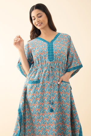 Floral Printed Kaftan with Waist tie-up - Blue